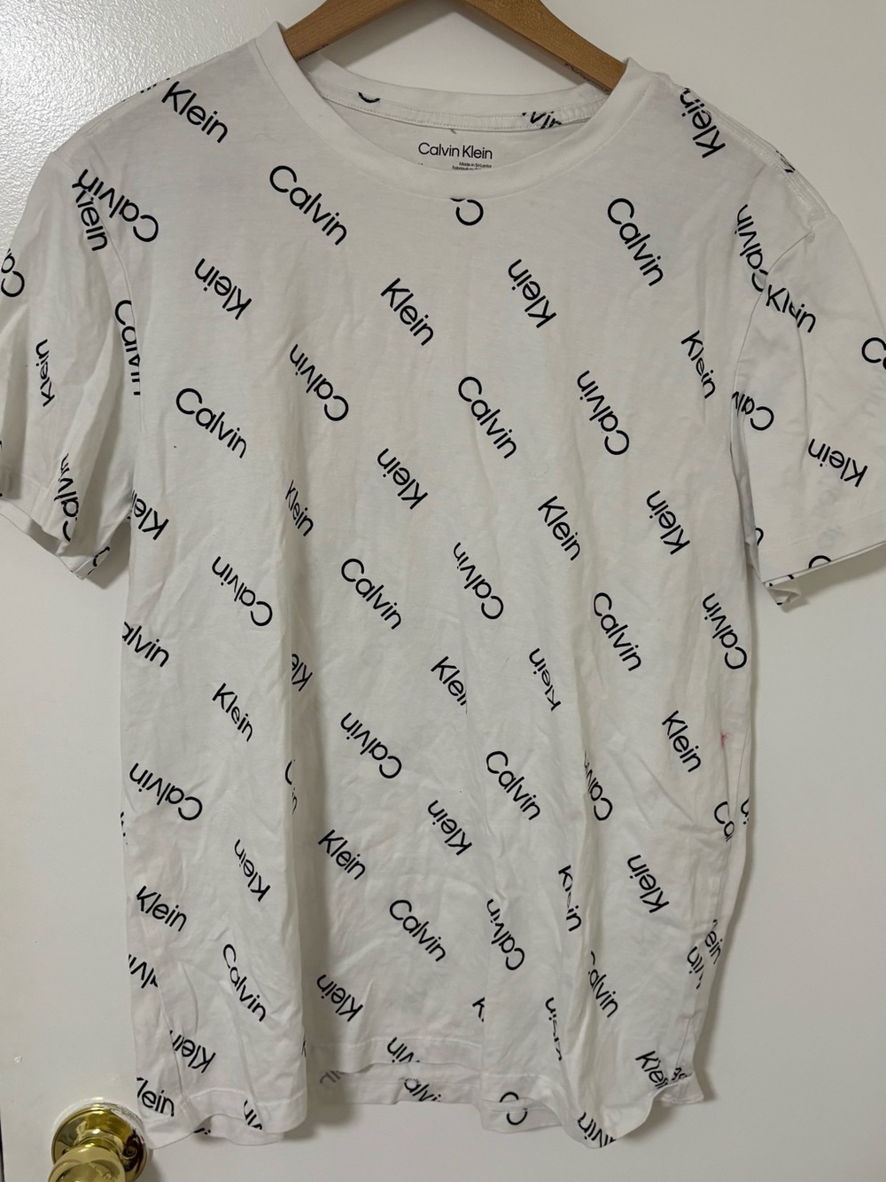 Calvin Klein White Crewneck Tee with Black All-Over Logo